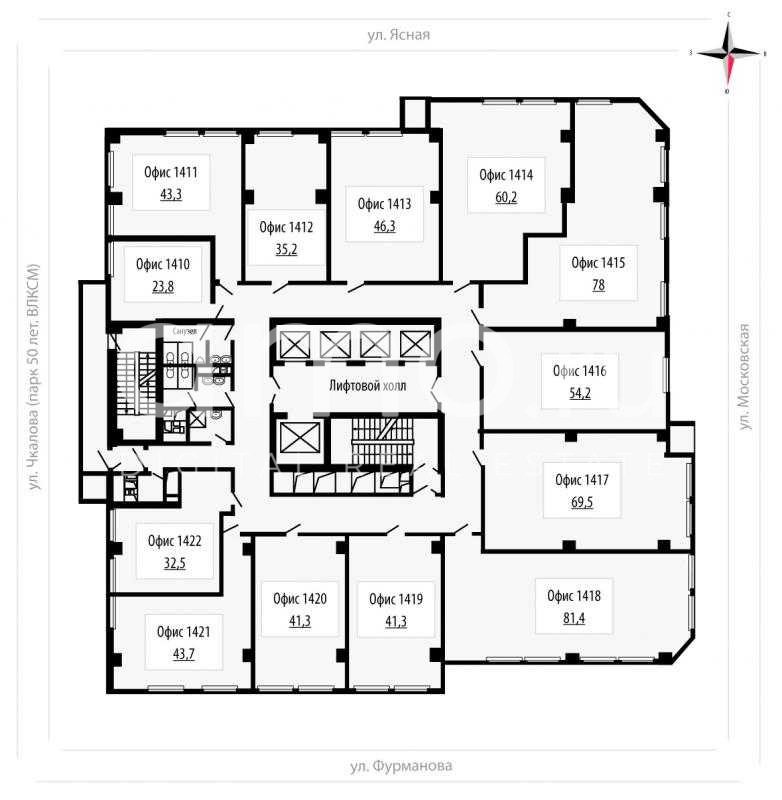Планировка офиса 31-571 м², 14 этаж, БЦ «FM»