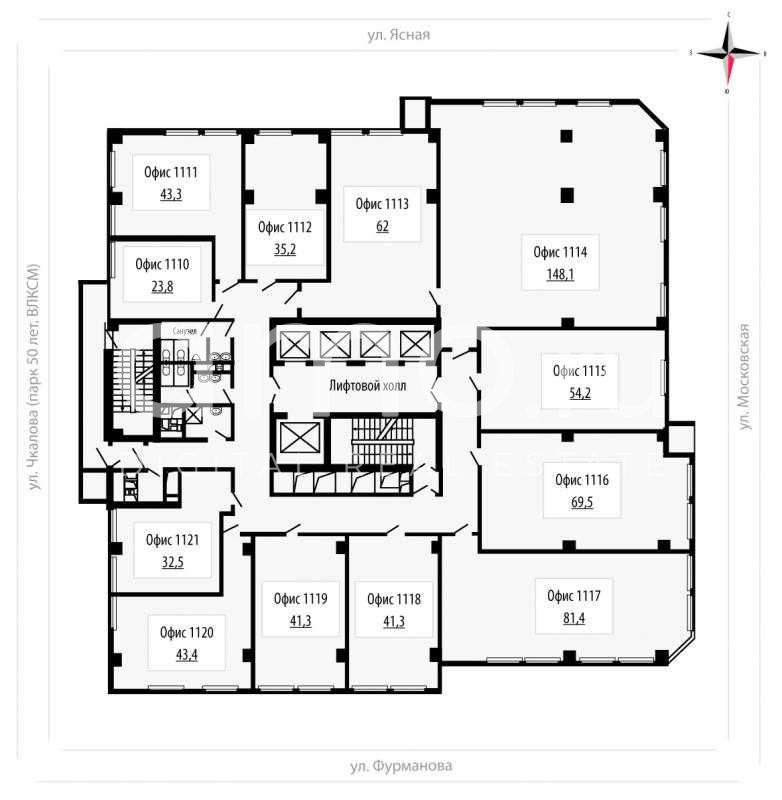 Планировка офиса 23-606 м², 11 этаж, БЦ «FM»